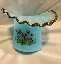 Blue Fenton? Unmarked Hand Painted Floral Design Ruffled Rim Small Vase Vintage picture
