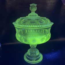 EAPG Kings Crown Covered Compote Adams Thumbprint Clear Manganese 365nm UV Large picture