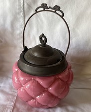 Vintage Pink Decorative Glass Jar With Metal Lid And Handle As is Doesn’t Hold picture