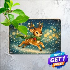 Running Fawn in Winter Snow Sign Cute Christmas Deer Scarf Metal Tin Plaque picture