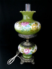 VTG Hand Painted Floral Roses Glass GWTW Green Parlor/Table Lamp 21