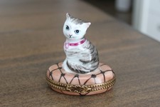 Adorable Limoges France Peint Main Rochard Cat on Cushion Trinket Box picture