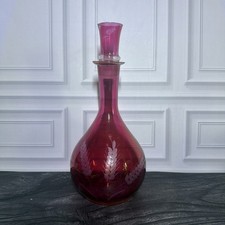 11” Vintage Cranberry Glass Decanter Etched Wheat Pattern Shot Glass Lid Stopper picture
