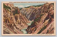 Grand Canyon from Brink Lower Falls Yellowstone Park Linen Postcard No 6066 picture