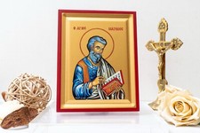 Saint Matthew Orthodox Icon Handmade on Golden Silk Canvas, Stunning Detail picture