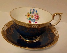 Vtg Crown Staffordshire Gold Cobalt Blue Bone China Teacup & Saucer Set Flowers  picture