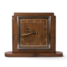 Vintage Art Deco Garrard Mantel Clock Veneered Wood Chrome Bezel Arabic Numbers picture