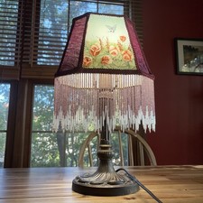 Vintage 1998 Reverse Painted Glass Panel Table Lamp Butterfly Rose Beaded Fringe picture