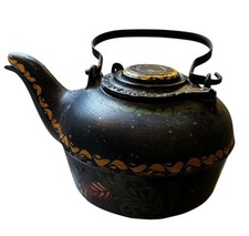 Antique JNO Savery & Son N.Y. Japanned Tea Kettle Hand Painted Tin 19th C  picture