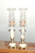 CRYSTAL Prism Hurricane Lamps Pair HOLLYWOOD REGENCY Buffet Marble Alabaster picture