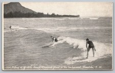 Vintage Waikiki Beach Surf-Riding Postcard Diamond Head T.H. Honolulu Hawaii picture