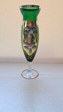 Vintage Bohemian Green  Glass Hand Painted Gilded Bud Vase Spiral Stem VGC picture