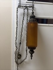 Vintage MCM Amber Glass Swag Pendant Lamp Hollywood Regency Hanging 20ft Chain picture