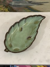 Frankoma Pottery 225 Prairie Green Leaf Dish Footed Vintage MCM Wabi Sabi picture