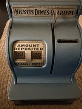 Vintage Uncle Sam's 3 Coin Register Bank Metal Nickels Dimes Quarters Blue 1951 picture