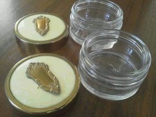 Vtg Glass Cream Jars 2 Metal Emblem Lid Cracked Ice Vanity Trinket Box Pair picture