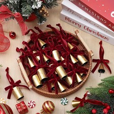 24Pcs Christmas Cow Bells Vintage Tin Bell with Burgundy Bow picture
