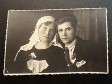1920s Antique RPPC Postcard Wedding Couple Bride Veil Suit Deckle  picture