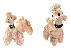 2 Vintage Pink Poodle Figurines Gold Accents Spaghetti w/ Rhinestone collars picture
