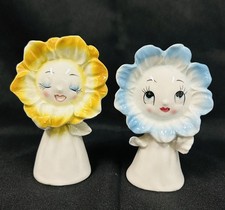 Rare VTG Japan Anthropomorphic Flower Face Ceramic Salt & Pepper Shakers 4” picture