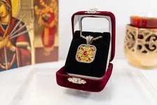 Christian necklace Pendant with Engraved cross and precious stones . picture