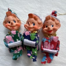 RARE Vintage set of 3 Christmas Knee Hugger Elve Pixies Plaid Pattern 4.5” Japan picture