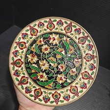 Vintage Enamel Brass Wall Plate Floral Cloisonne Style 7” Decorative Hanging picture
