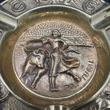 Vtg Heavy Cast Brass Portugal Crest Matador Ornate Embossed Round Ashtray x 2 picture
