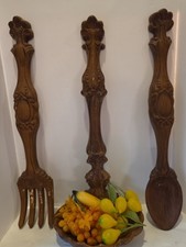 VTG 1970s Ceramic Fork Ladle & Spoon Hanging Wall Decor Large Brown MCM 16 3/4