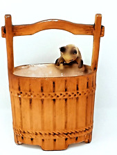 Bisque Pottery Bucket Planter w/ Siamese Cat peering inside on rim Vintage vgc picture