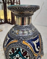 Vintage Moroccan Fez Pottery Vase Nickel Silver Wire Filigree Art de Poterie ACH picture