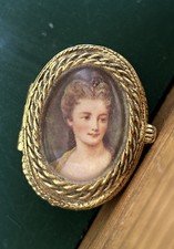 Golden Victorian Revival ornate snuff box cameo lady portrait miniature trinket picture
