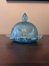 Vintage Mosser Glass Inverted Thistle, ice blue w/Iridescent Cheese/butter dish picture