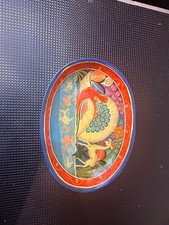 Vintage Mexican Folk Art Pottery Bowl Hand Painted Bird Deer Fish picture