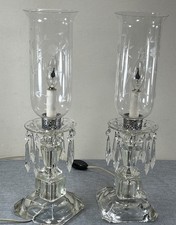 2- Vintage Crystal Boudoir Hurricane Lamps Etched Glass Hanging Prism Spears 19” picture