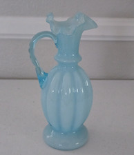 Fenton Blue Overlay Glass Melon Ewer Pitcher Vintage 9.5