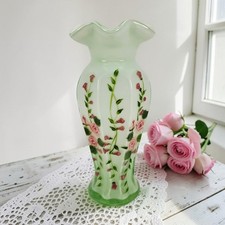 Handpainted Pink Cottage Roses Green & White Cased Glass Flower Vase Ruffled 8