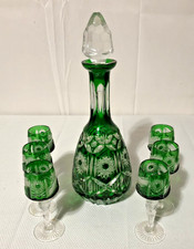 Vintage Emerald Green Cut to Clear Crystal Glass Decanter/Cordials Bohemian Set picture