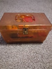 Vintage Amber Plastic Sewing Box with A Lot of Sewing Accessories and Contents picture
