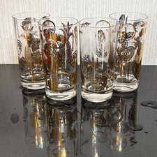 Vtg Culver 22K Gold Highball Glasses Florentine Fruits Set of 4 60s MCM Barware picture