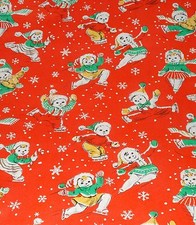 VTG CHRISTMAS WRAPPING PAPER GIFT WRAP SKATING SNOWMEN ON RED 2 YARDS WW2 1940 picture