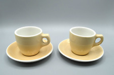 Medalta Coffee Mugs Set of 2 Cups Saucers Light Yellow 1950s Ceramic Canada Vtg picture