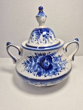 BEAUTIFUL Hand Painted Gold Trim GZHEL SUGAR BOWL & LID-SIGNED BY THE ARTIST picture