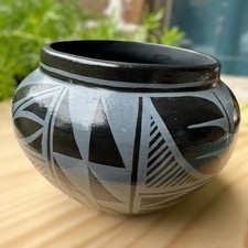 VTG Pueblo Pottery Bowl 2.875 Inch Black  Gray Signed Native American New Mexico picture