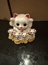 Vintage Maneki Neko Lucky Cat Family Ceramic Coin Bank Good Fortune Stopper picture
