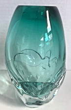 Vintage Deep Green Art Glass Hand Blown Water Droplet Splash Vase Signed #543 picture