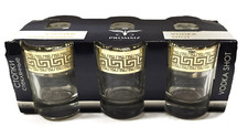 SET OF 6 PROMSIZ CLEAR CRYSTALS,GOLD GREEK KEY ACCENT VODKA SHOOTERS SHOT GLASS picture