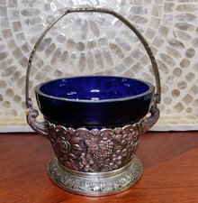 Vtg Registered Design Handled Basket With Cobalt Blue Thick Glass  Insert Japan picture