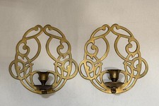 Vintage Pair Brass Wall Candle Sconces Ornate Openwork Scroll design 7 Inch picture