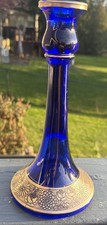 9 1/4” Vintage Cobalt Blue Candle Holder Ornate Gold Floral Trim picture